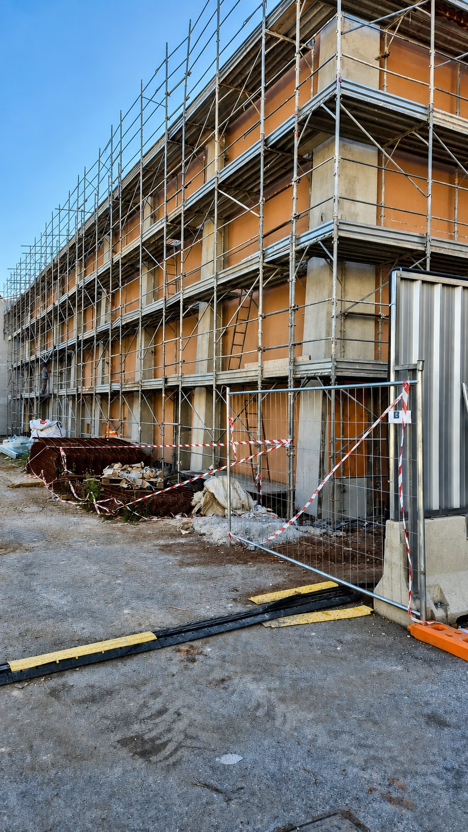 Ponteggi installati lungo la facciata del nuovo Teatro 9 di Cinecittà